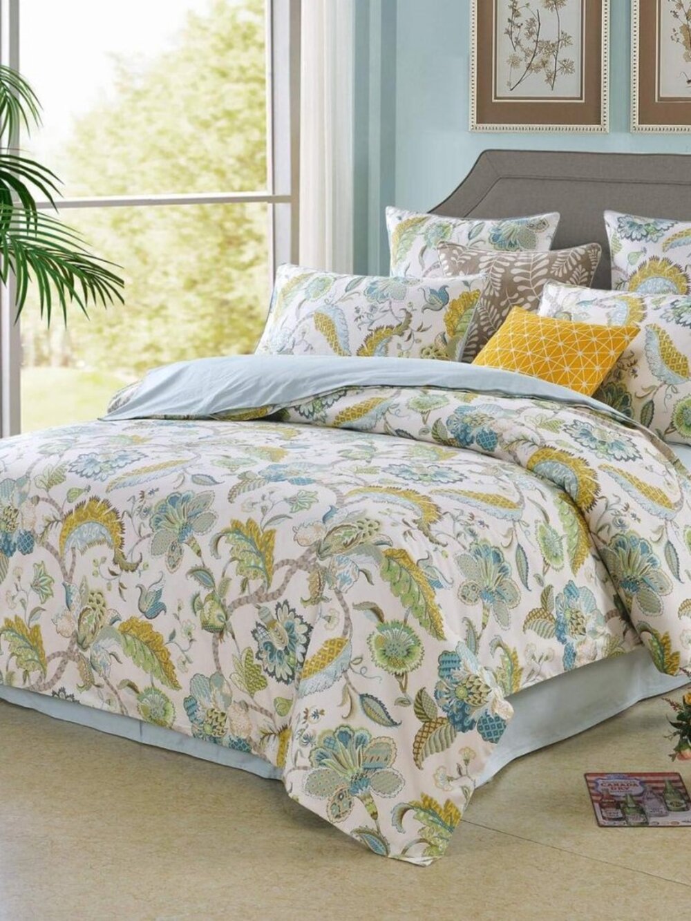 Boho-Chic King Size Duvet Cover Paisley Light Blue and Light Green Long Staple